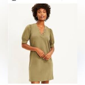 LOFT Olive Green Puff Sleeve Split Neck Sweatshirt Knee Length Dress Size Medium